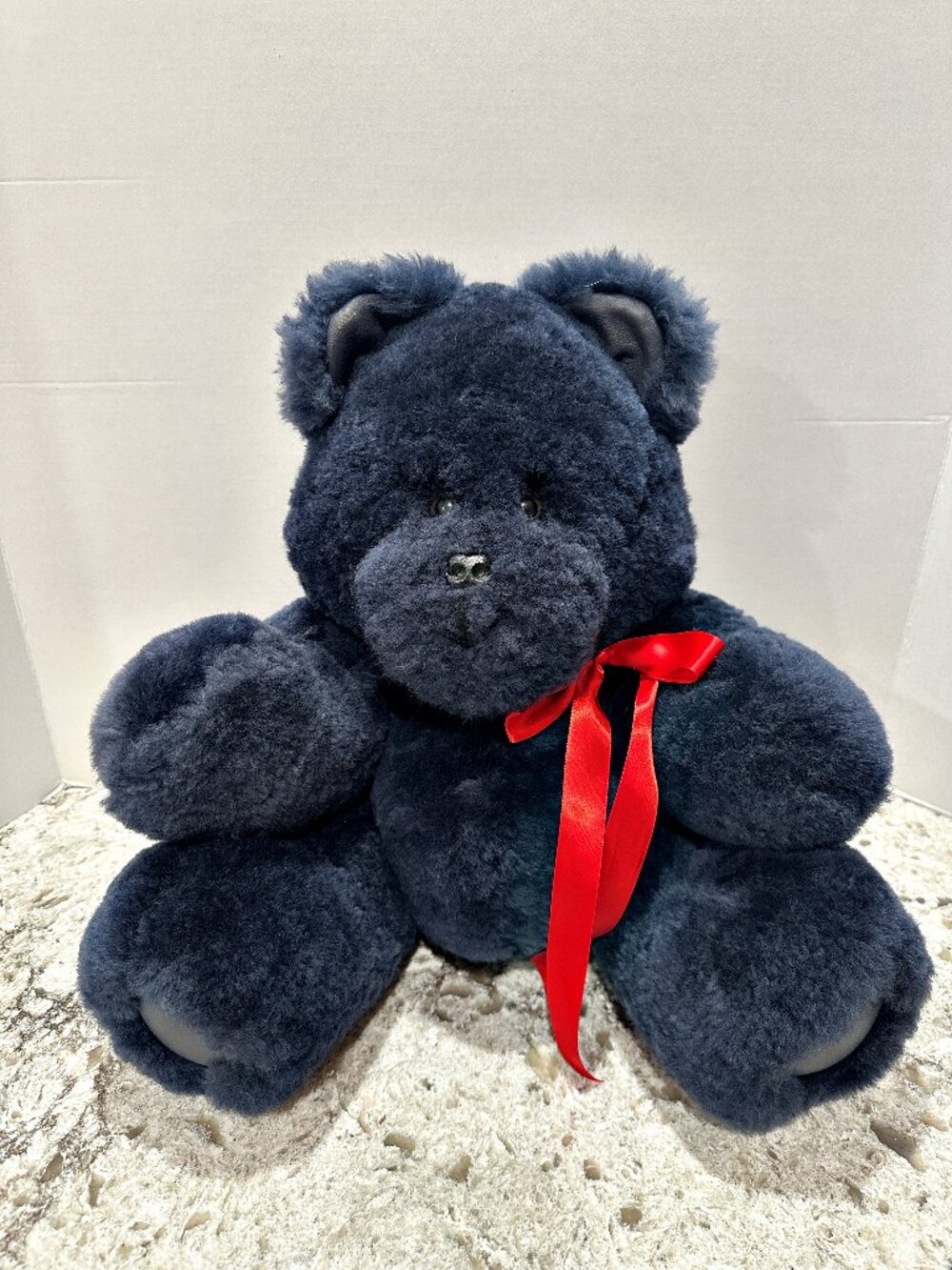 Vintage Chunky Navy Blue Teddy Bear 4-Way Jointed 19 Inch Collector Red Ribbon